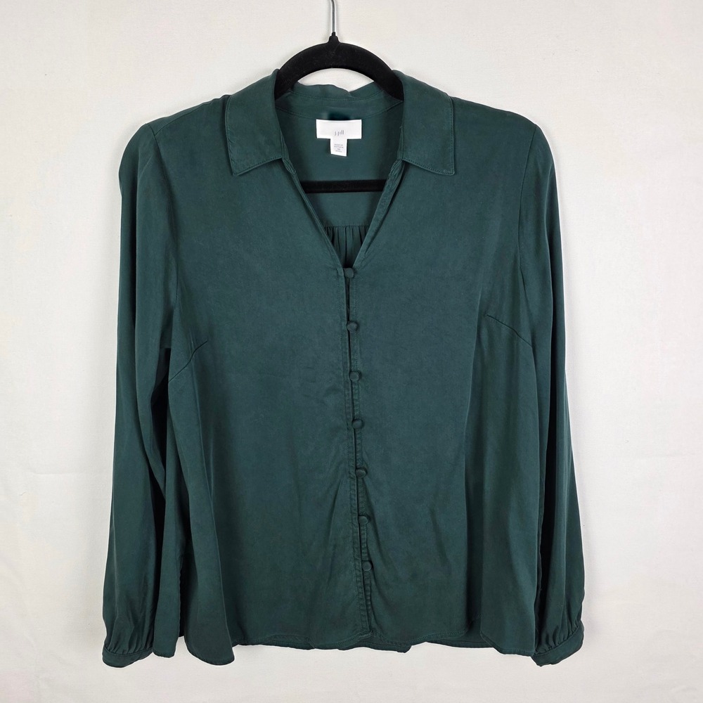 J. Jill Forest Green Modal Rayon Button Front Blouse XS Petite Long Sleeve Top